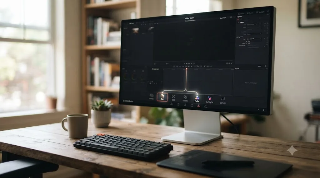 Illustration of a simplified three-page path highlighted through DaVinci Resolve's full seven-page toolbar
