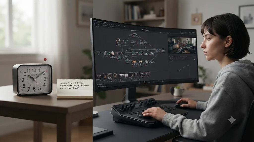 Illustration of a 90-minute hyperfocus-friendly DaVinci Resolve Fusion session with an alarm set across the room
