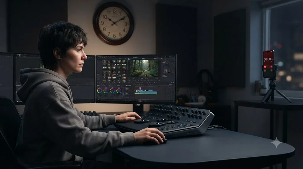 Illustration of hyperfocus during a DaVinci Resolve color grading session with a phone alarm set across the room