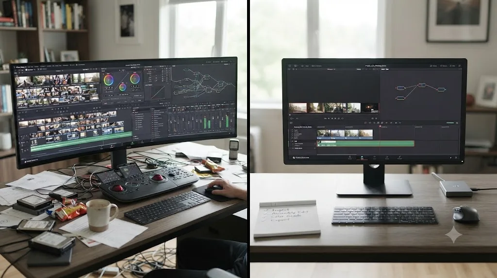 Illustration comparing a sprawling unfinished DaVinci Resolve session with a small finished practice project