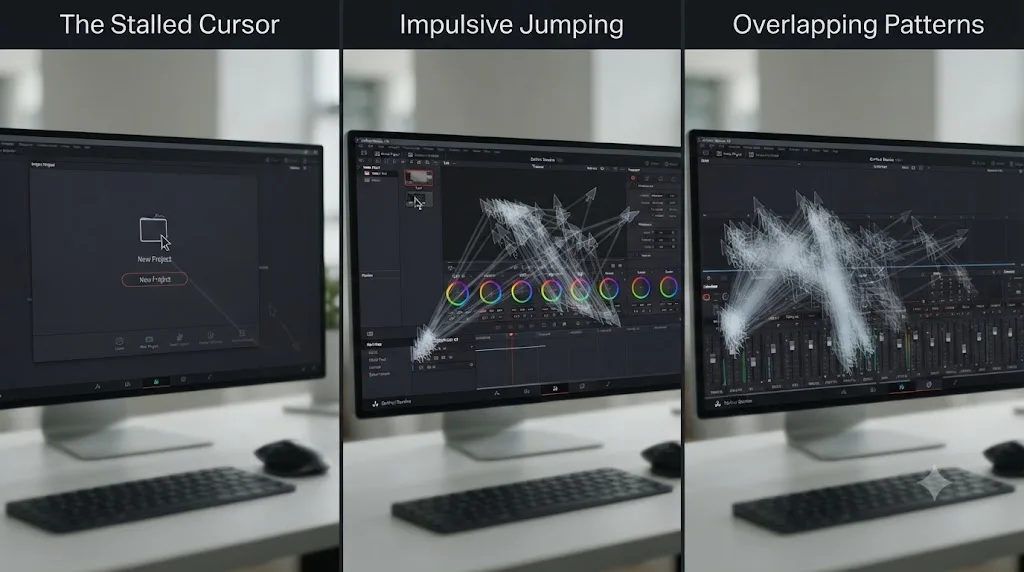 Illustration of three different ADHD presentation patterns mapped onto DaVinci Resolve's interface