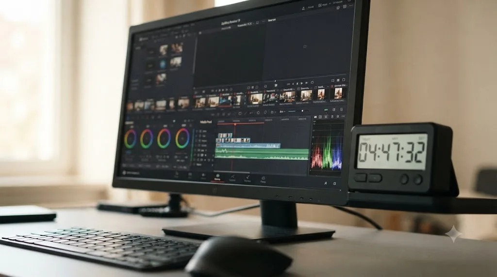 Illustration of a single countdown timer set beside a DaVinci Resolve editing session