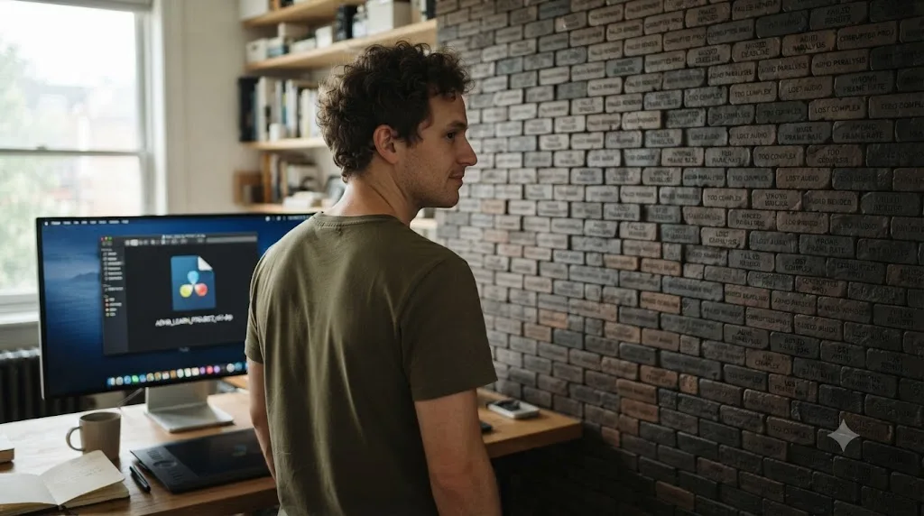 Illustration of a person facing a metaphorical wall of past failures before starting a DaVinci Resolve project