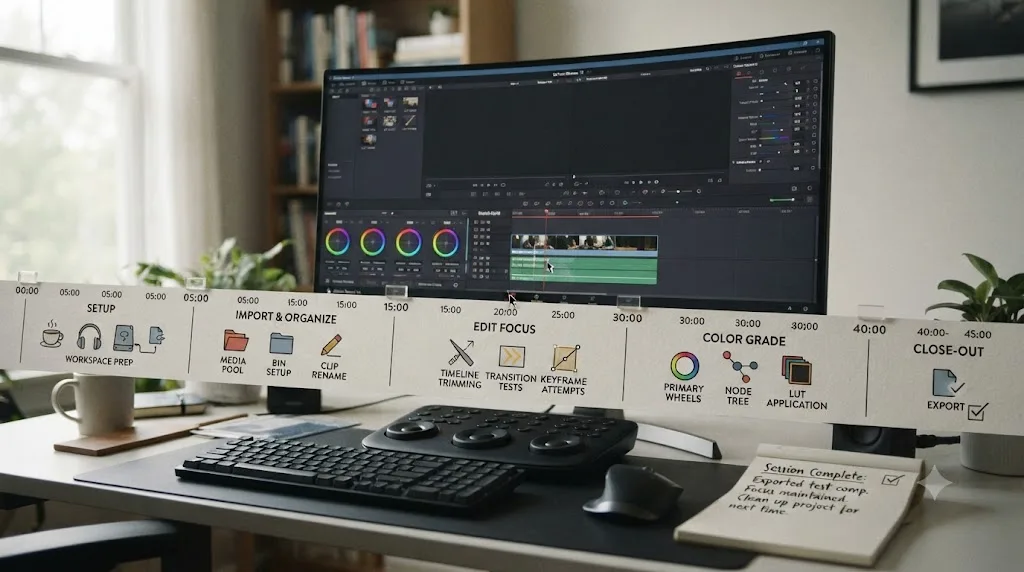 Illustration of a minute-by-minute 45-minute DaVinci Resolve practice session for someone with ADHD