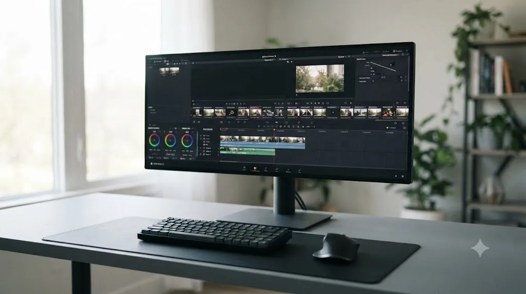 Illustration of a distraction-free workspace setup for a DaVinci Resolve editing session