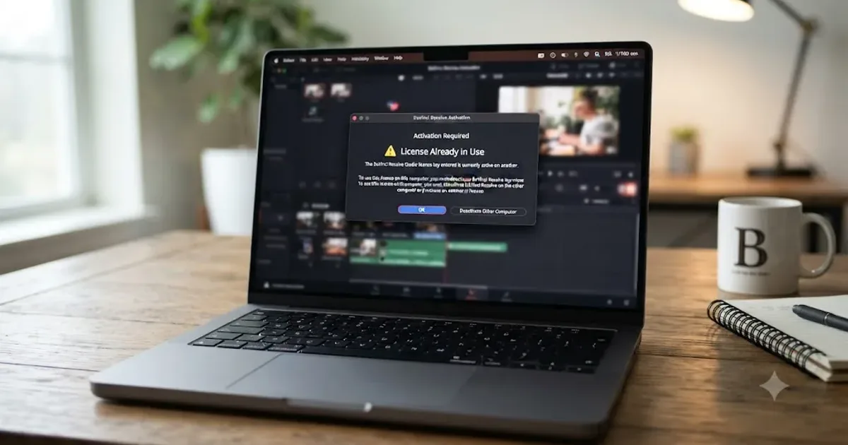 Illustration of a DaVinci Resolve activation window displaying a license already in use warning