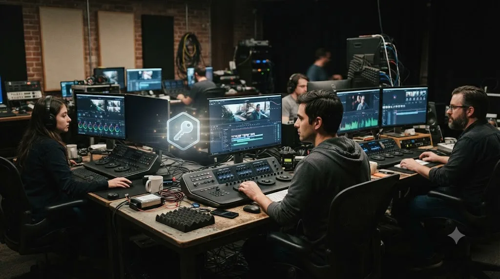 Illustration of a shared post-production edit bay with an activation key icon being passed between workstations