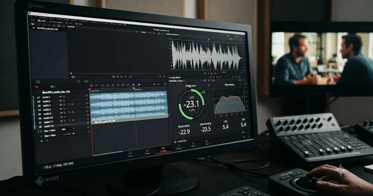 Illustration of a DaVinci Resolve Fairlight Loudness Meter showing an Integrated LUFS reading