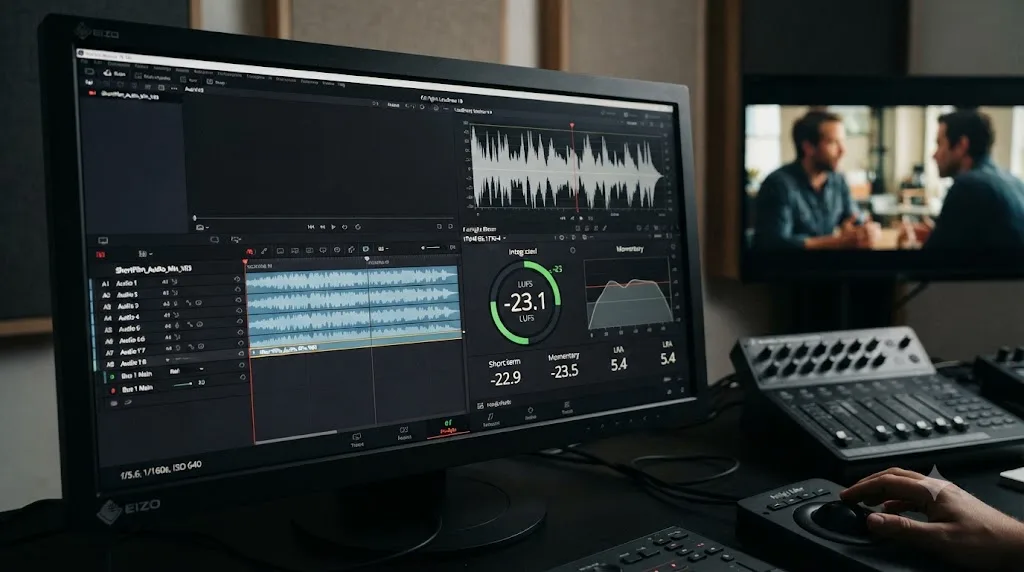 Illustration of a DaVinci Resolve Fairlight Loudness Meter showing an Integrated LUFS reading