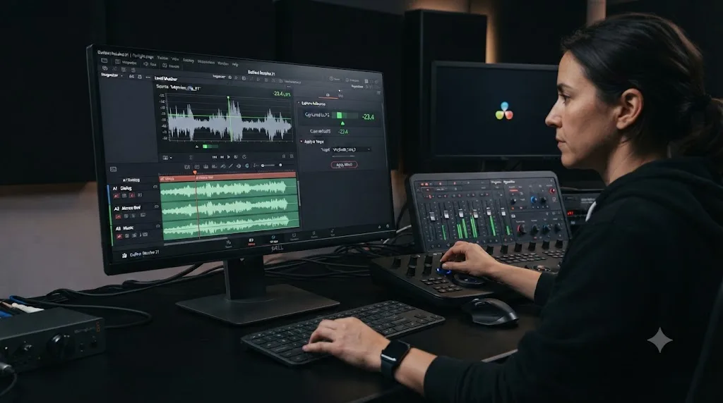 Illustration of the DaVinci Resolve 21 Fairlight Level Matcher applying a loudness profile between two clips