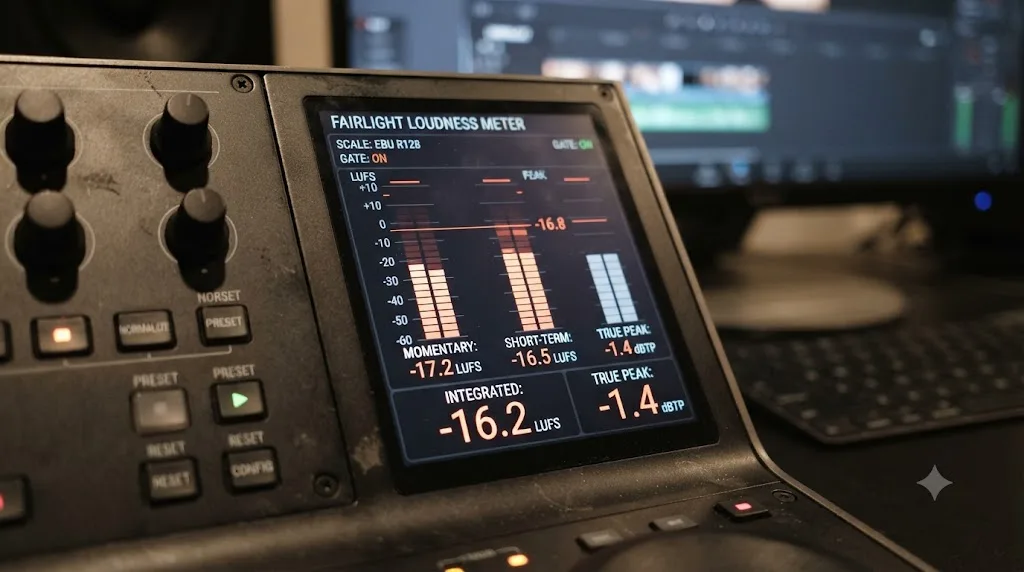 Illustration of the DaVinci Resolve Fairlight Loudness Meter with Momentary, Short-term, and Integrated readings labeled