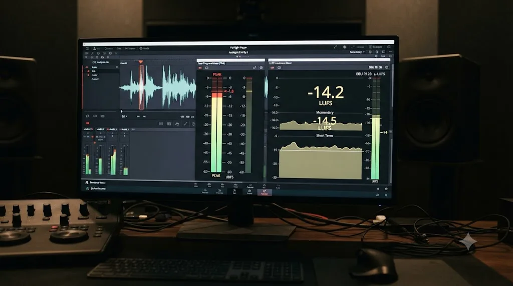 Illustration comparing a peak meter reading versus a LUFS loudness meter reading the same audio