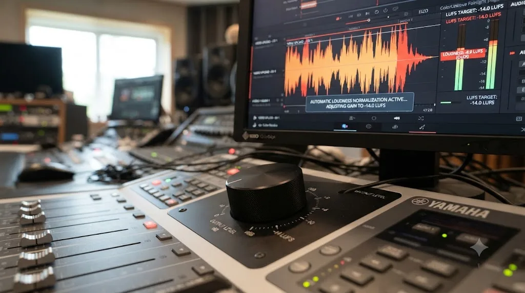 Illustration of a streaming platform's loudness normalization automatically turning down a loud video upload