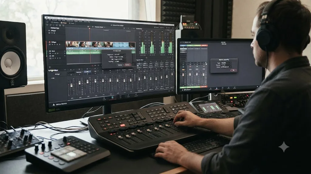 Illustration of a two stage DaVinci Resolve workflow: per-clip normalization followed by a final mix loudness pass