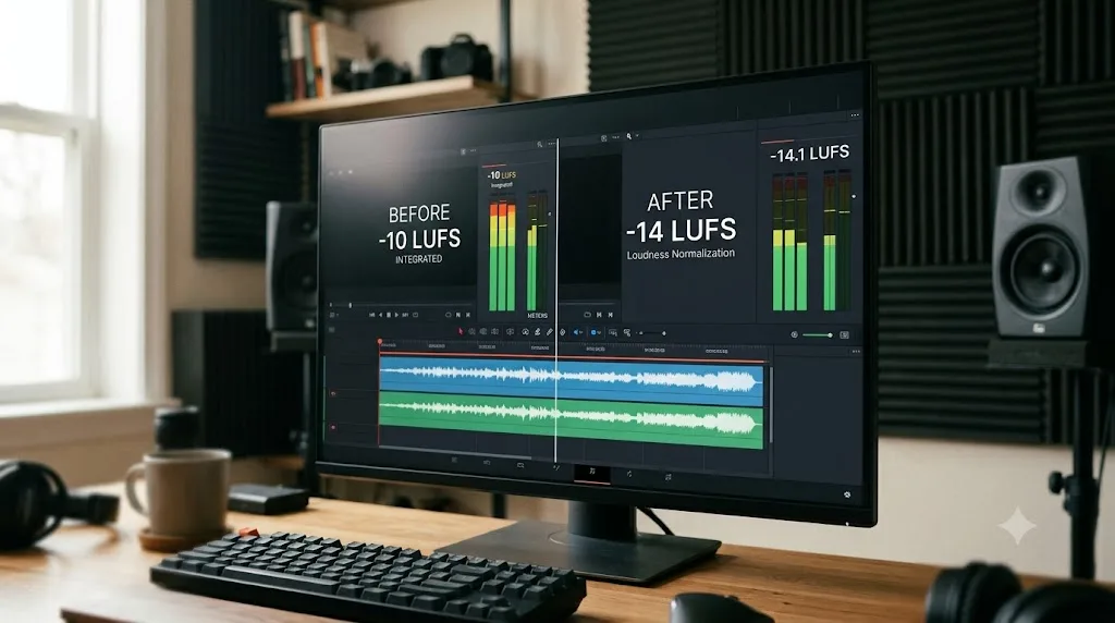 Illustration of a worked example showing a DaVinci Resolve timeline's loudness reading before and after adjustment for YouTube