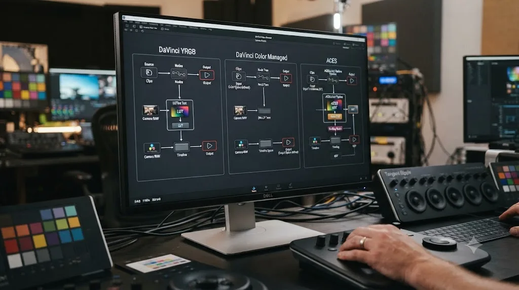 Illustration of a numbered troubleshooting checklist beside a DaVinci Resolve Deliver page render queue