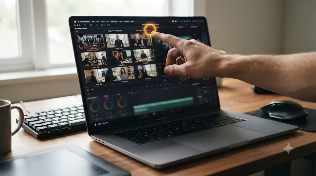 Illustration of an on-screen assistant pointing at a specific control inside DaVinci Resolve's multicam interface on a MacBook