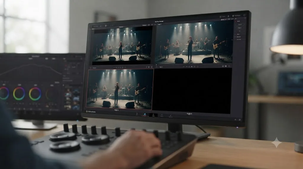Illustration of a DaVinci Resolve multicam angle viewer with one camera angle rendering solid black while the others display normally