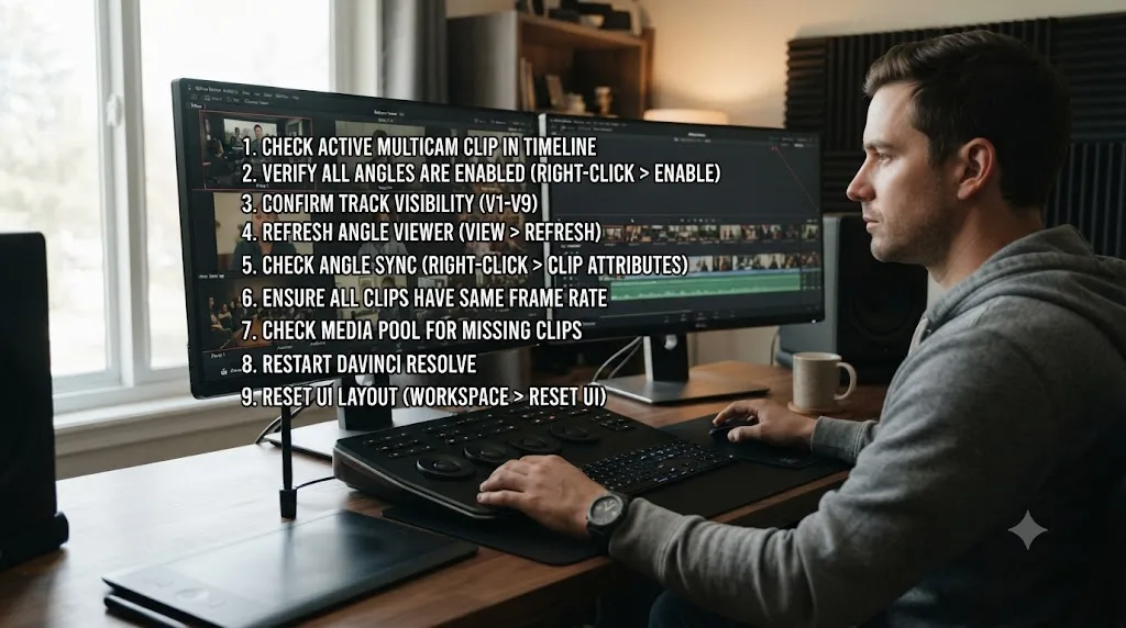 Illustration of a step-by-step troubleshooting checklist over a fully populated DaVinci Resolve multicam angle viewer