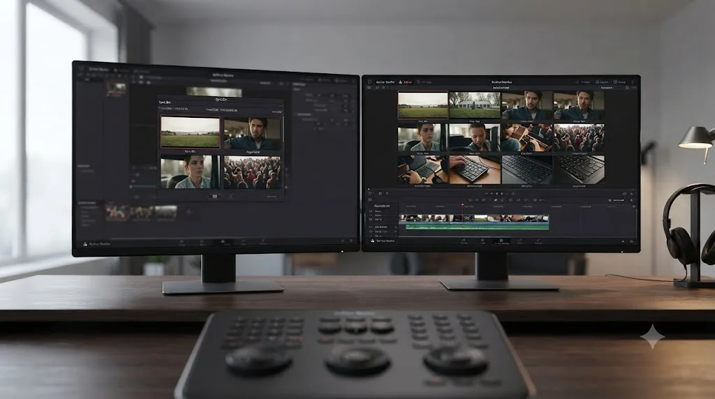 Illustration comparing the DaVinci Resolve Cut page's Sync Bin against the Edit page's full multicam angle viewer grid