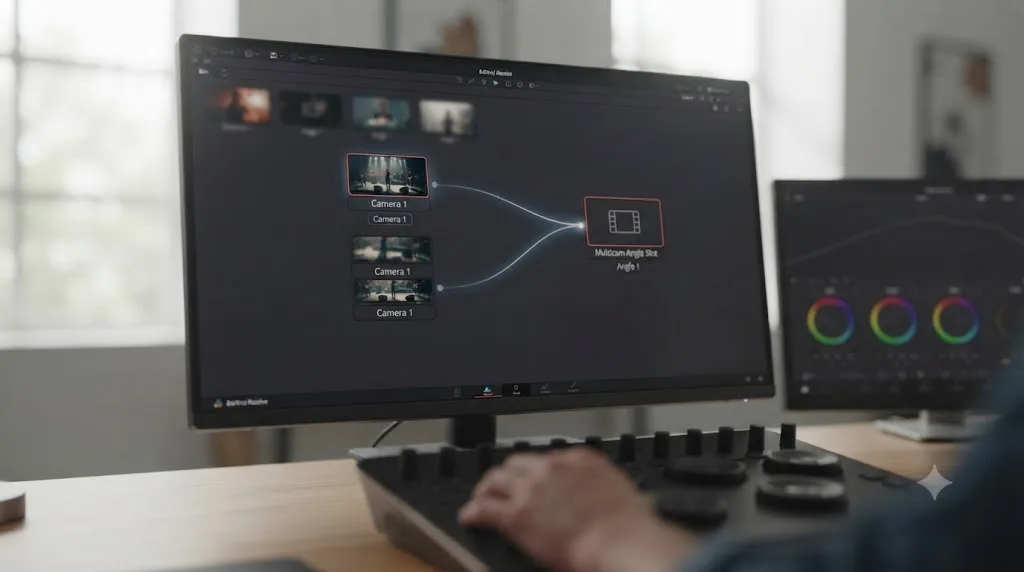 Illustration of two DaVinci Resolve camera clips sharing duplicate camera metadata and merging into a single multicam angle