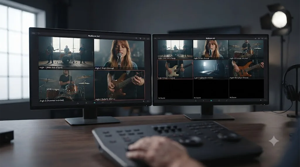 Illustration comparing a smaller DaVinci Resolve multicam grid layout against a larger one showing more camera angles