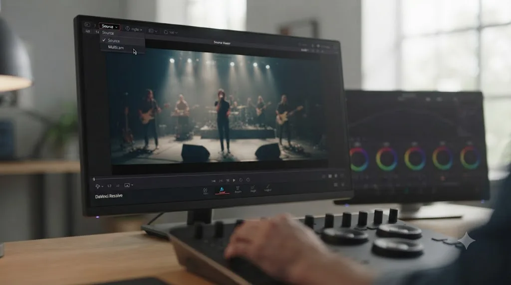 Illustration of switching the DaVinci Resolve Source Viewer's mode dropdown from Source to Multicam to reveal the angle grid