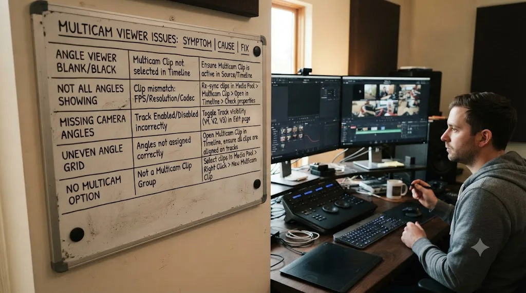Illustration of a symptom-to-cause reference table for DaVinci Resolve multicam angle viewer problems
