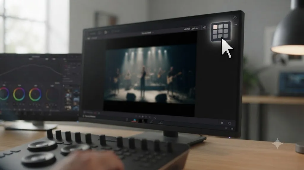 Illustration of clicking the Viewer Option grid icon to change how many camera angles the DaVinci Resolve multicam viewer displays