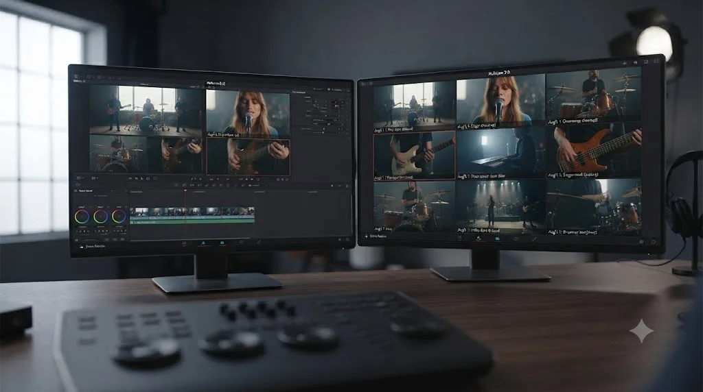 Illustration comparing a small DaVinci Resolve multicam viewer in dual-viewer mode against a larger one in single-viewer mode