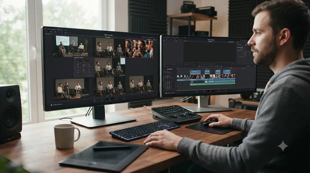 Illustration of a worked example resizing a DaVinci Resolve multicam viewer grid to reveal a missing camera angle on a panel discussion timeline