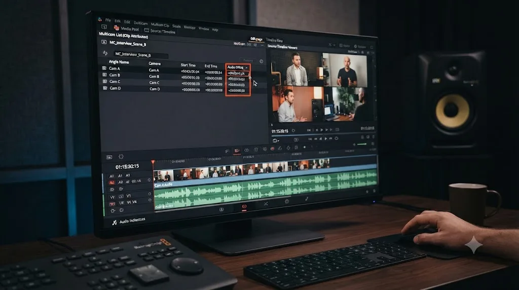 Illustration of the Audio Offset column being used to fine-tune one camera angle in a DaVinci Resolve multicam clip