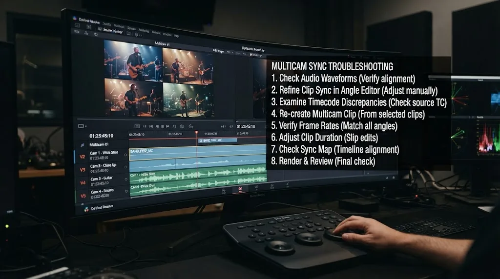 Illustration of a step-by-step multicam sync troubleshooting checklist over a DaVinci Resolve timeline