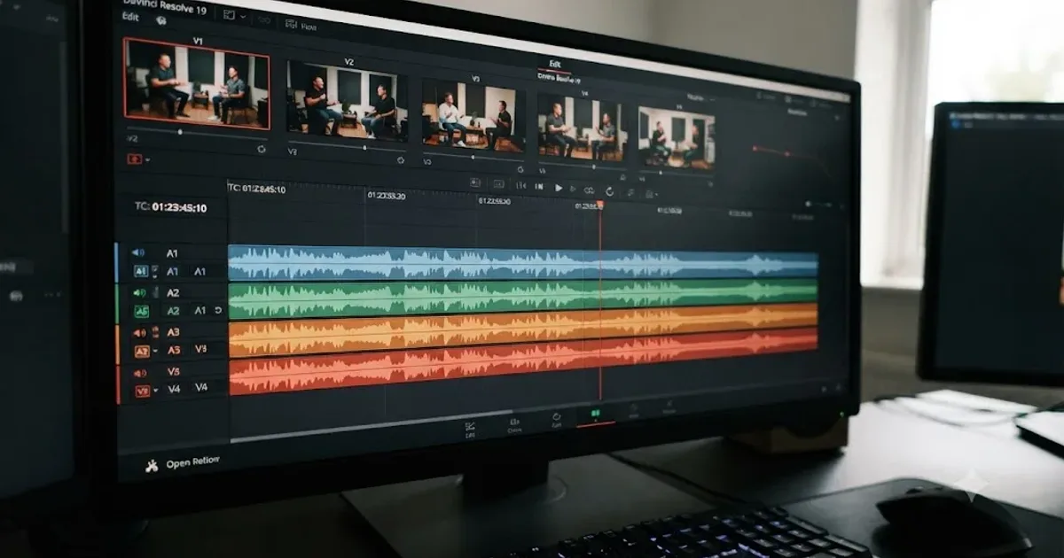 Illustration of multiple camera angle waveforms drifting out of sync on a DaVinci Resolve multicam timeline