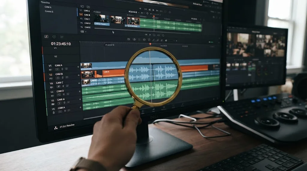Illustration of a magnifying glass diagnosing a DaVinci Resolve multicam sync problem before applying a fix