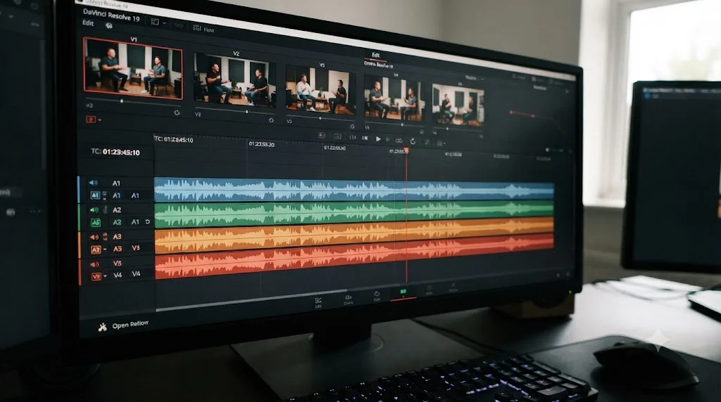 Illustration of multiple camera angle waveforms drifting out of sync on a DaVinci Resolve multicam timeline
