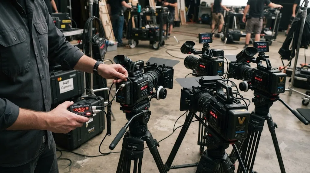 Illustration of jam-syncing timecode across multiple cameras before a multicam shoot for DaVinci Resolve