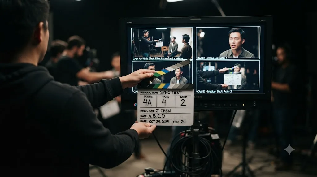 Illustration of using a clapperboard as a manual sync reference for silent camera angles in DaVinci Resolve