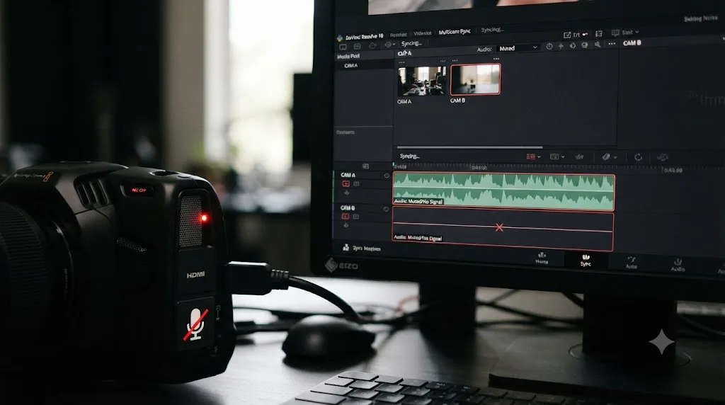 Illustration of a muted camera microphone preventing DaVinci Resolve's waveform multicam sync from working