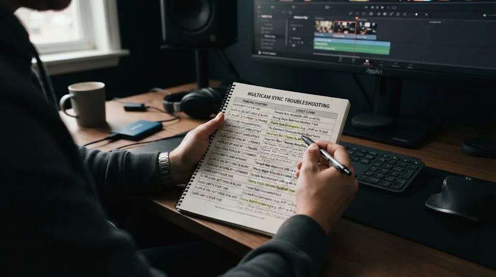 Illustration of a symptom-to-cause reference table for DaVinci Resolve multicam sync problems