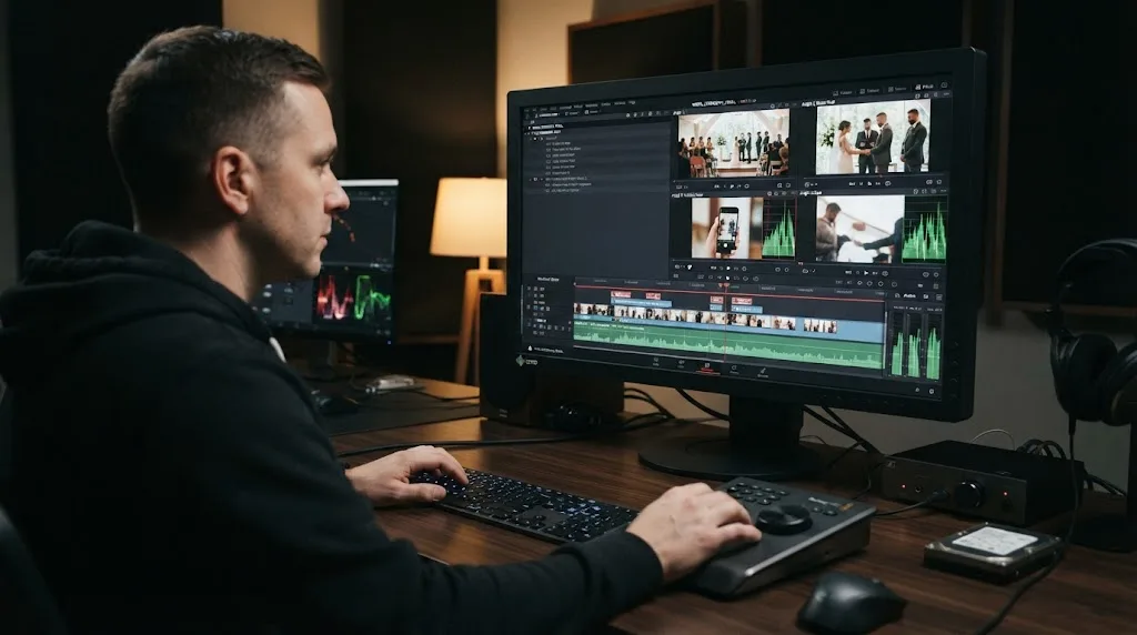 Illustration of a worked example diagnosing and fixing multicam sync problems on a four-camera DaVinci Resolve timeline