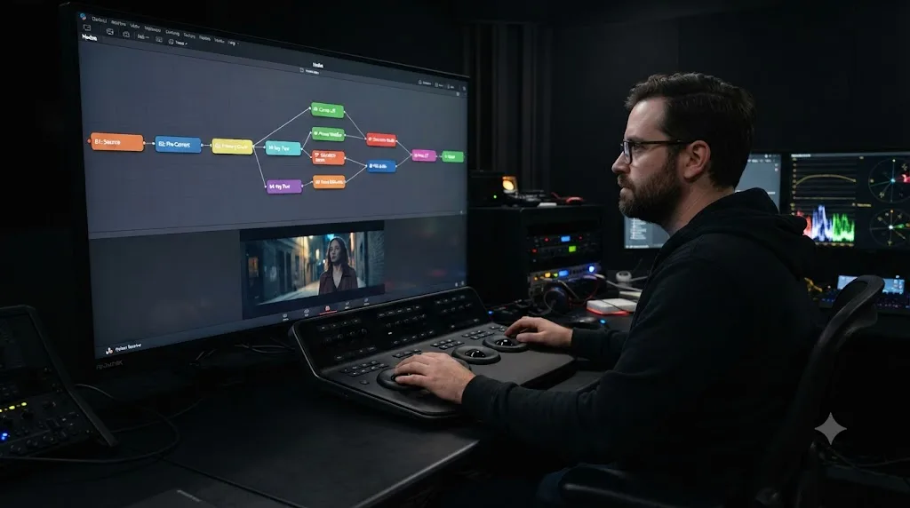 Illustration of a DaVinci Resolve node graph with labeled and color-coded nodes above a graded shot