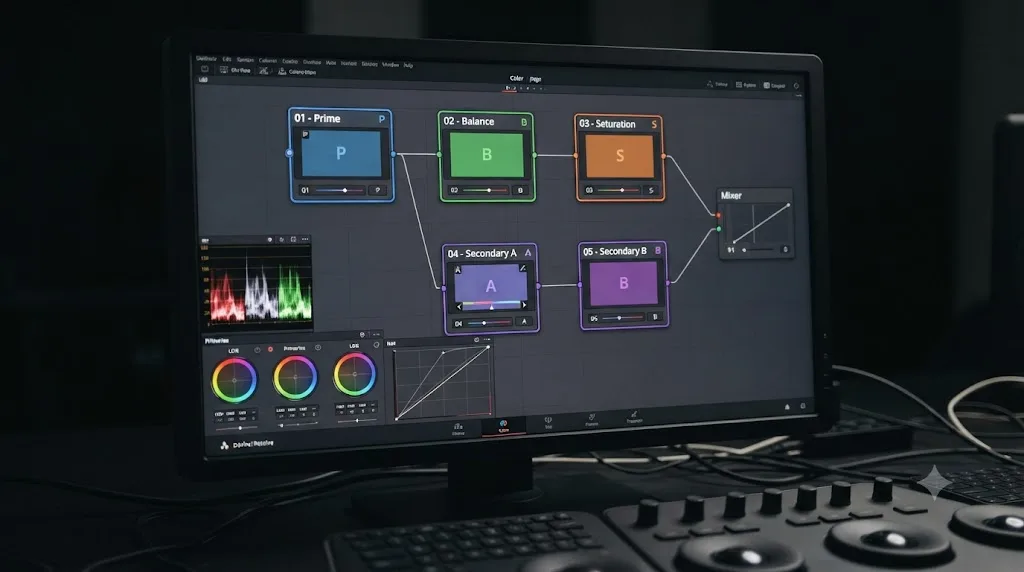 Illustration of a five-node color grading template with Prime, Balance, and Saturation nodes above a separate secondary branch