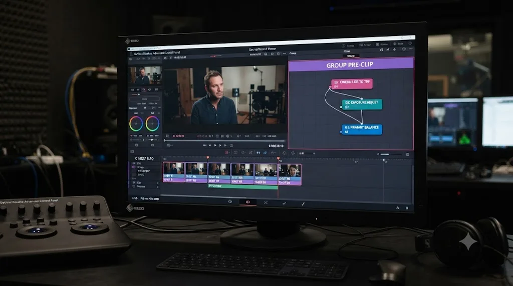 Illustration of a group of clips in DaVinci Resolve sharing one labeled and color-coded group-level node graph
