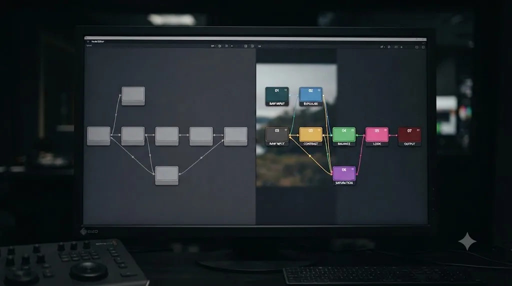 Illustration comparing an unlabeled DaVinci Resolve node chain against a labeled and color-coded version of the same chain