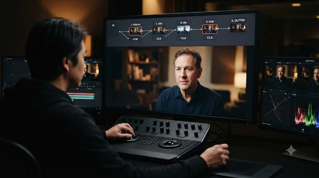 Illustration of a labeled DaVinci Resolve node chain reading IN, balance, skin, sky, look, and OUT709