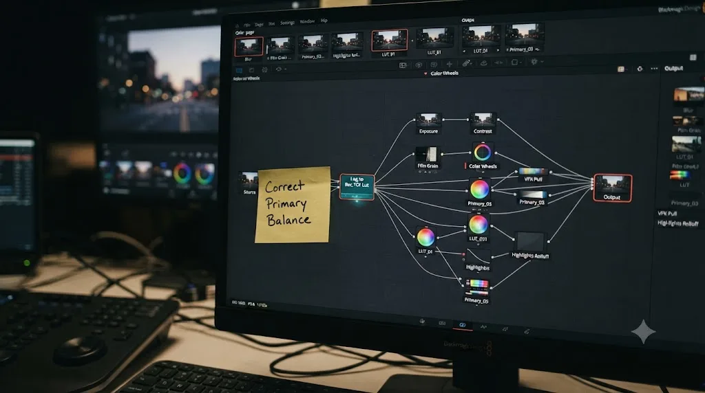 Illustration of a yellow sticky note annotation attached to a node in a DaVinci Resolve node graph