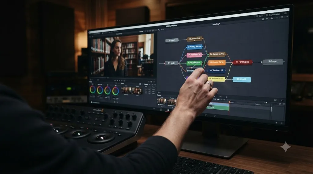 Illustration of a colorist working with a labeled and color-coded node graph on the DaVinci Resolve Color page