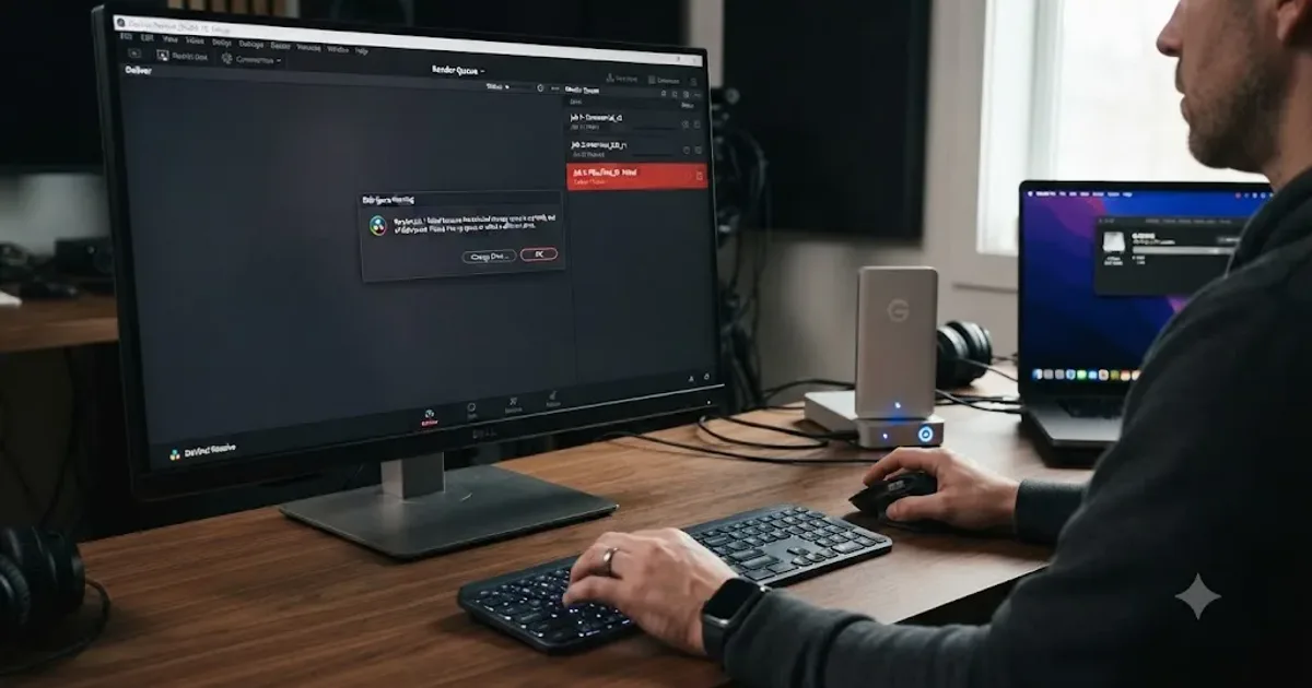 Illustration of a DaVinci Resolve Deliver page render queue next to a nearly full hard drive icon
