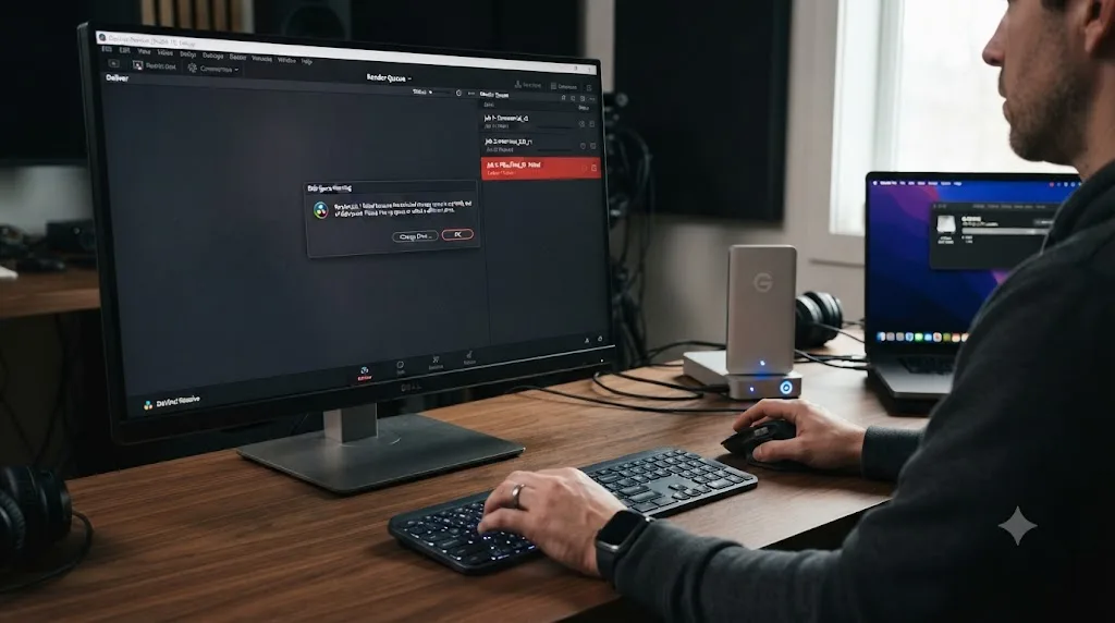 Illustration of a diagnostic flowchart splitting DaVinci Resolve disk space error causes into cache and genuinely full drive branches